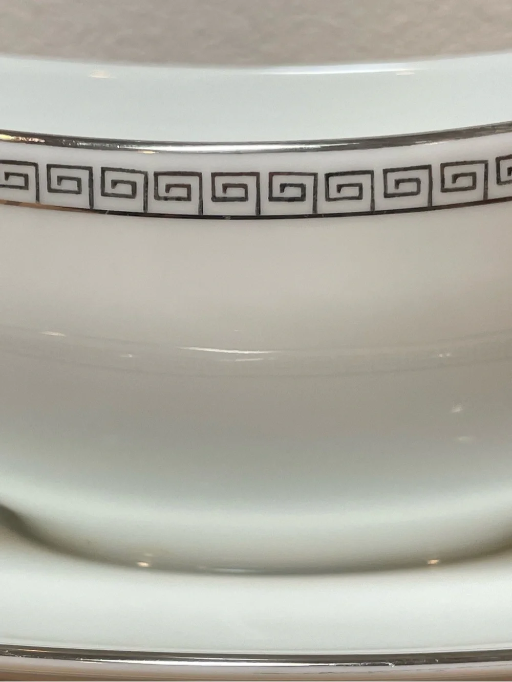 Noritake “Silver Key” White Ceramic Gravy Boat w Greek Key Border Silver Edging